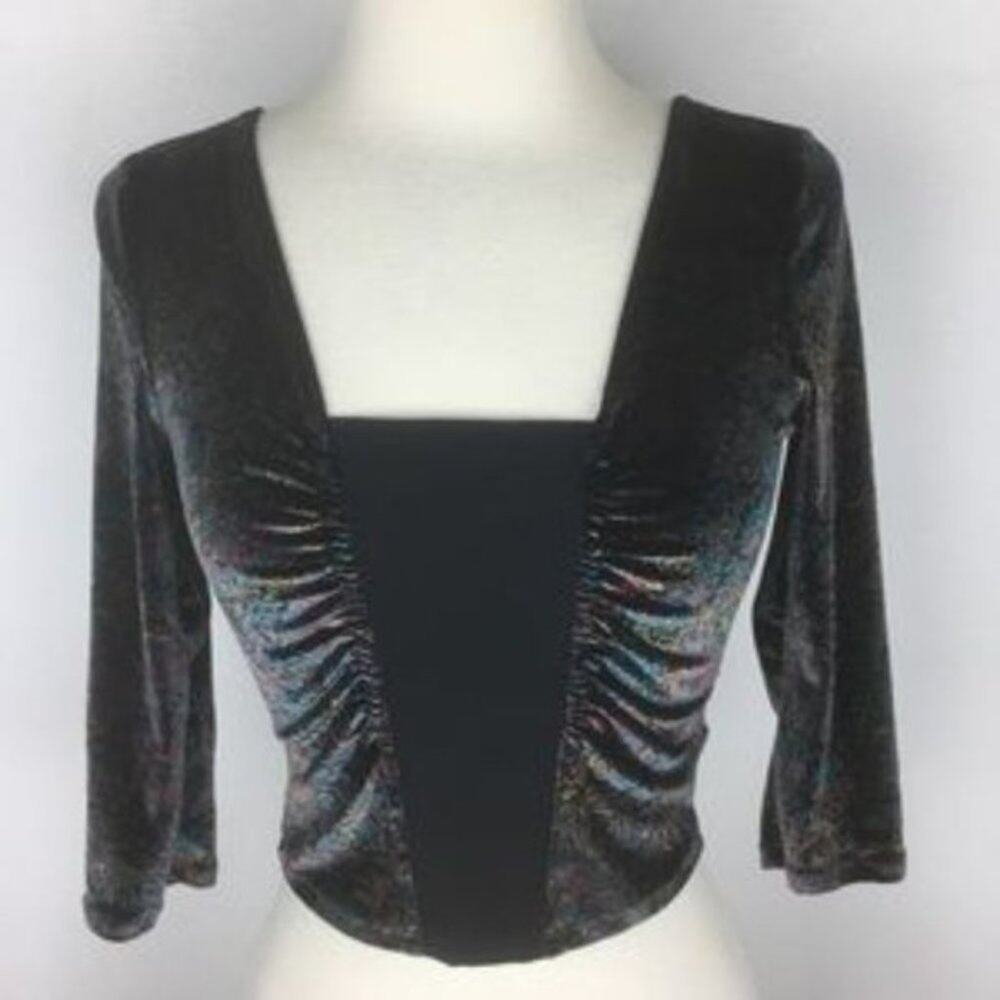 Ecote UO Bianca Black Velvet Paisley Shirred Crop Top XS - Picture 2 of 9